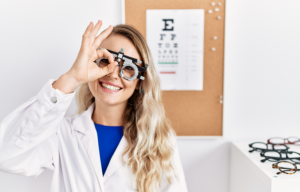 optician woman wearing optometry glasses at the clinic