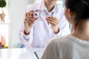 ophthalmologist is examining the patient's eye abnormalities